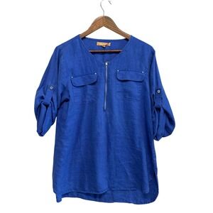 Ellen Tracy Blue 100% Linen Tunic Shirt Womens Size M Roll Tab Lagenlook Coastal